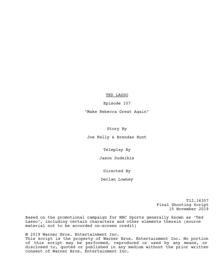 Ted Lasso: 107: Make Rebecca Great Again screenplay first page