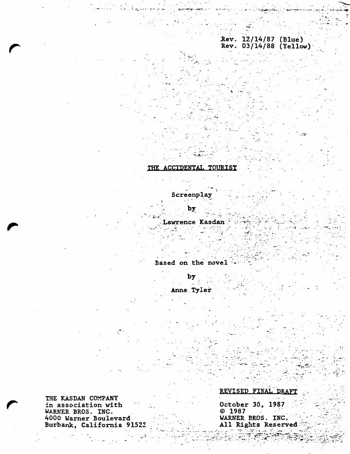 The Accidental Tourist screenplay first page