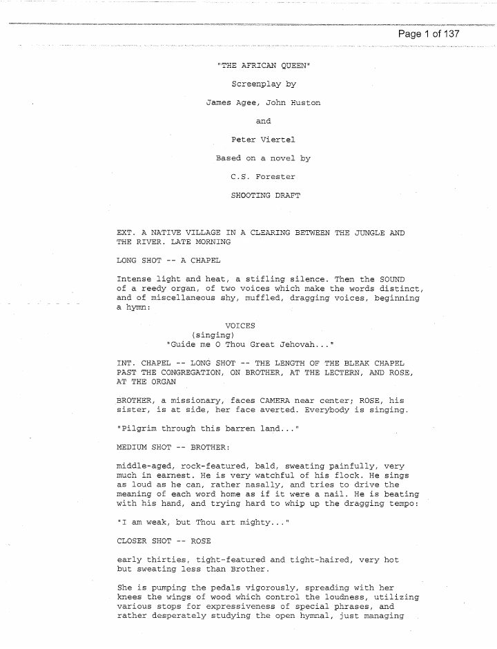 The African Queen screenplay first page