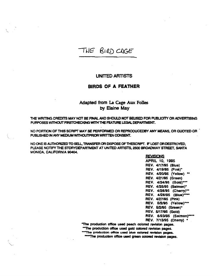 The Birdcage screenplay first page