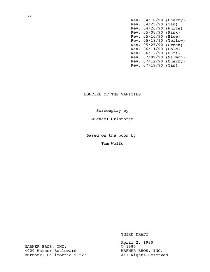 The Bonfire of the Vanities screenplay first page