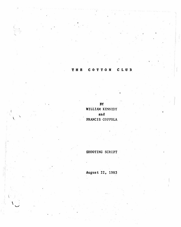 The Cotton Club screenplay first page