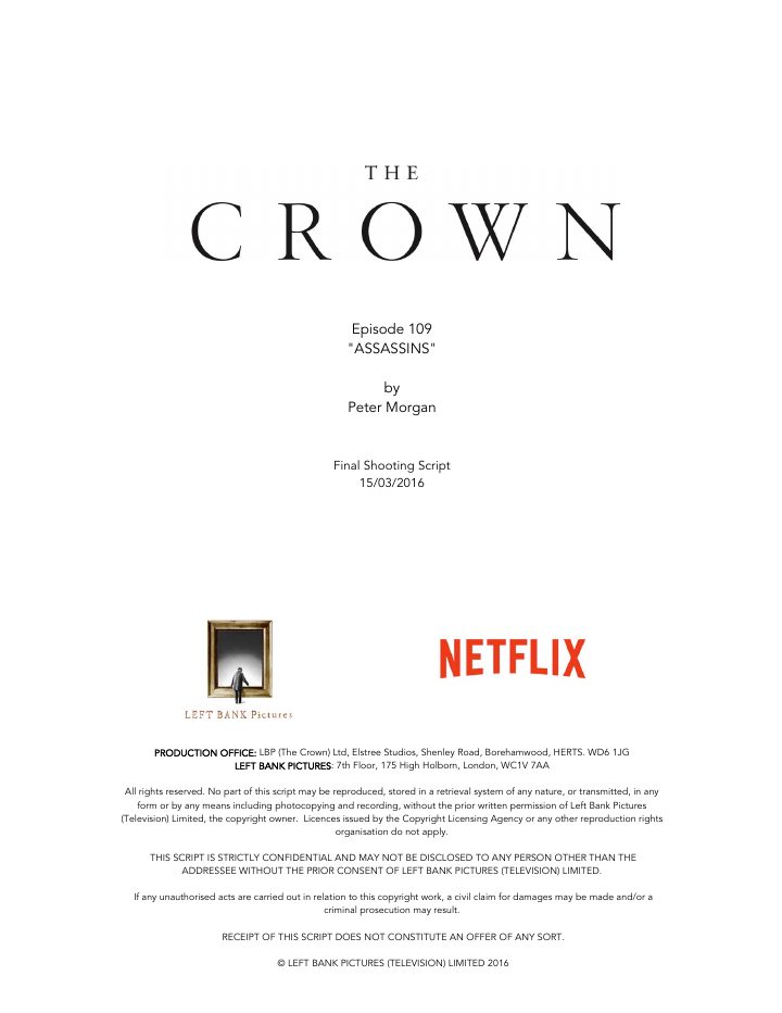 The Crown: 109: Assassins screenplay first page