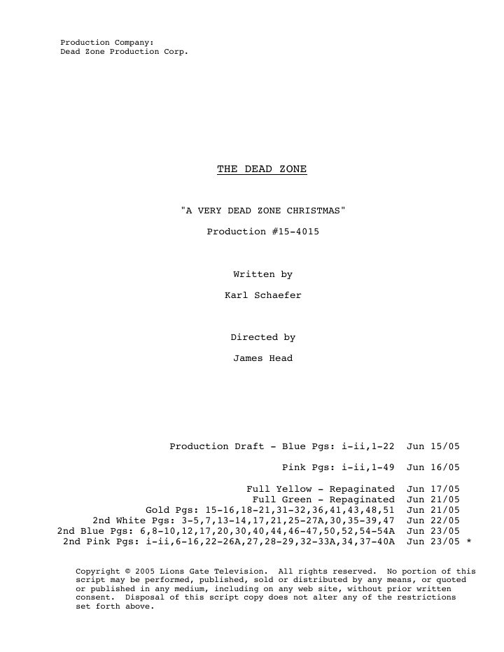 The Dead Zone: 412: A Very Dead Zone Christmas screenplay first page