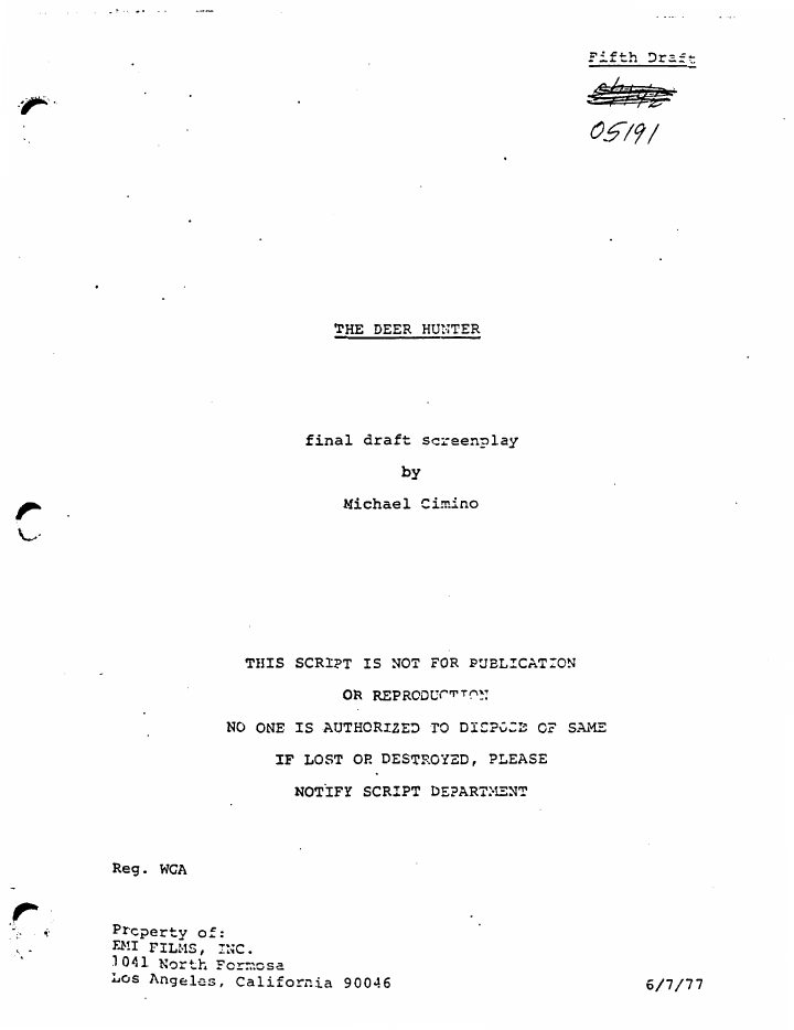 The Deer Hunter screenplay first page