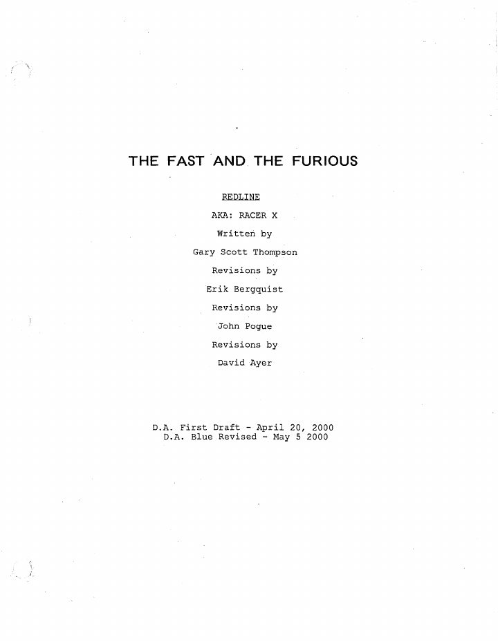 The Fast and the Furious screenplay first page