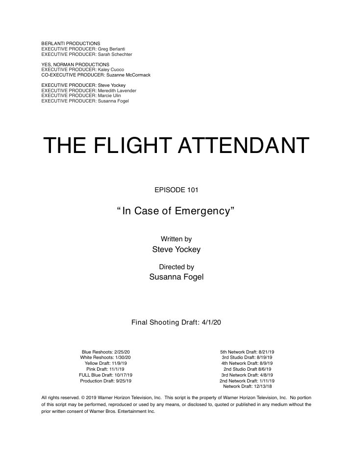 The Flight Attendant: 101: In Case of Emergency screenplay first page