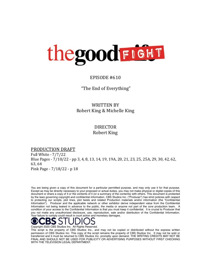 The Good Fight: 610: The End of Everything screenplay first page