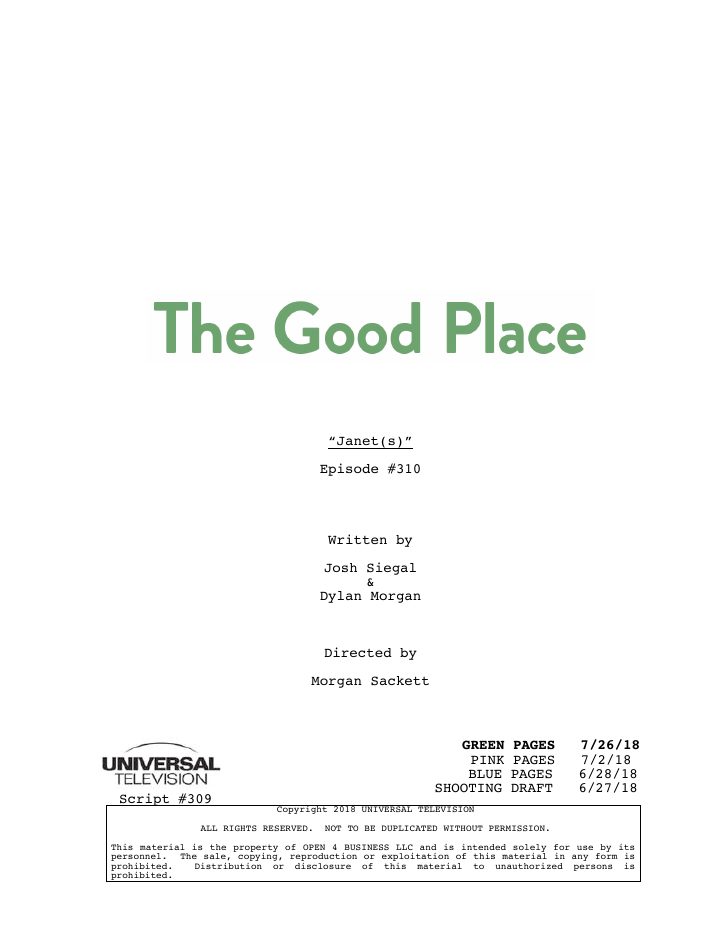 The Good Place: 309: Janet(s) screenplay first page