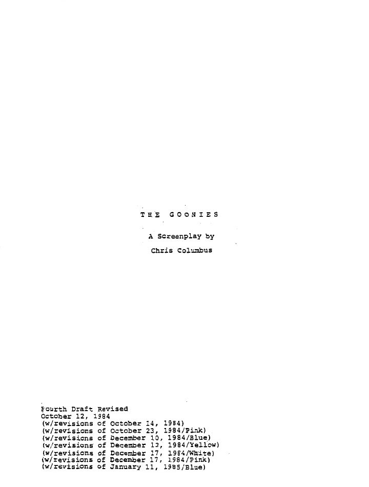 The Goonies screenplay first page