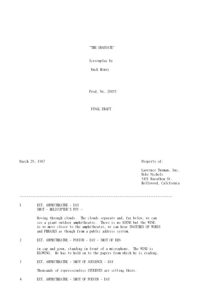 The Graduate screenplay first page