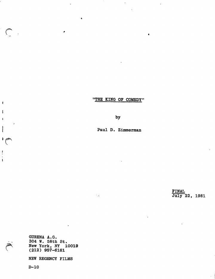 The King of Comedy screenplay first page