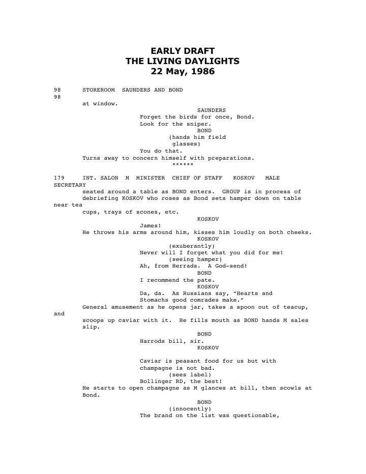 The Living Daylights screenplay first page