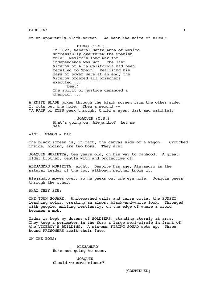 The Mask of Zorro screenplay first page