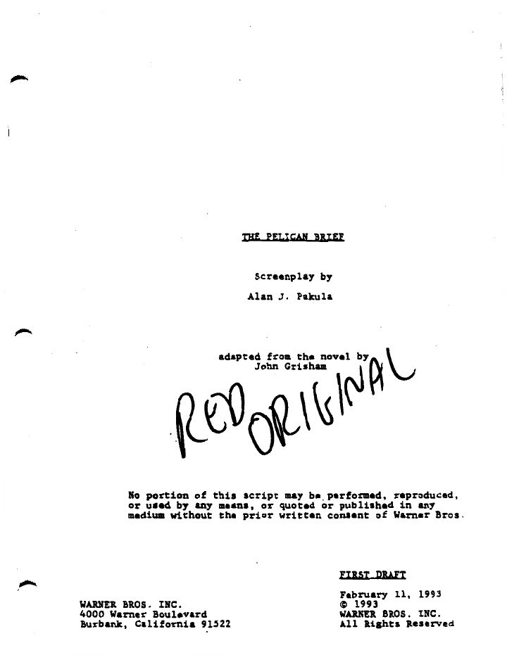The Pelican Brief screenplay first page