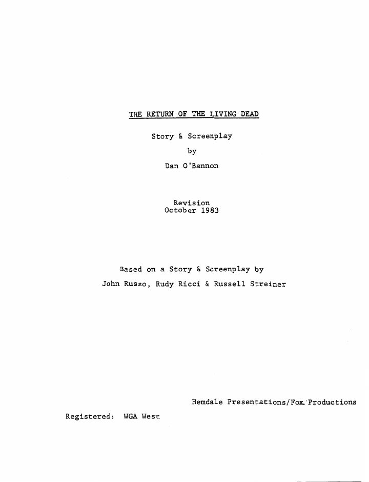 The Return of the Living Dead screenplay first page