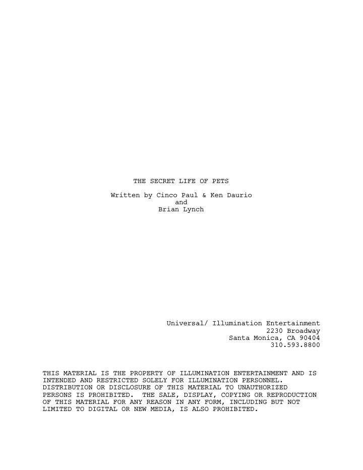 The Secret Life of Pets screenplay first page