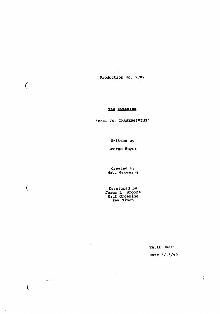 The Simpsons: 207: Bart vs. Thanksgiving screenplay first page