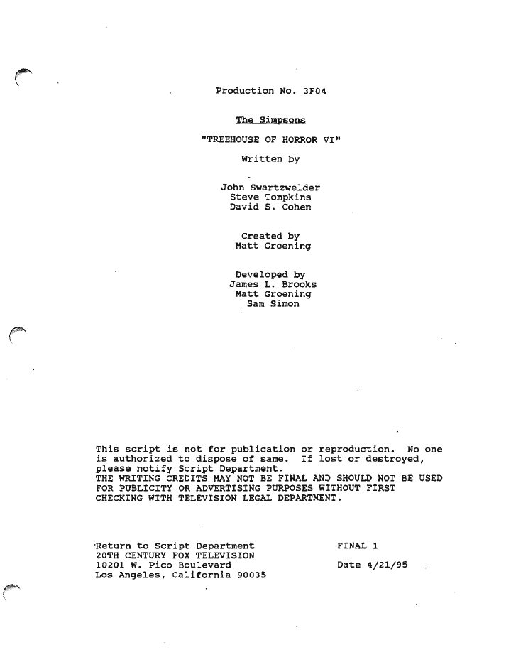 The Simpsons: 706: Treehouse of Horror VI screenplay first page