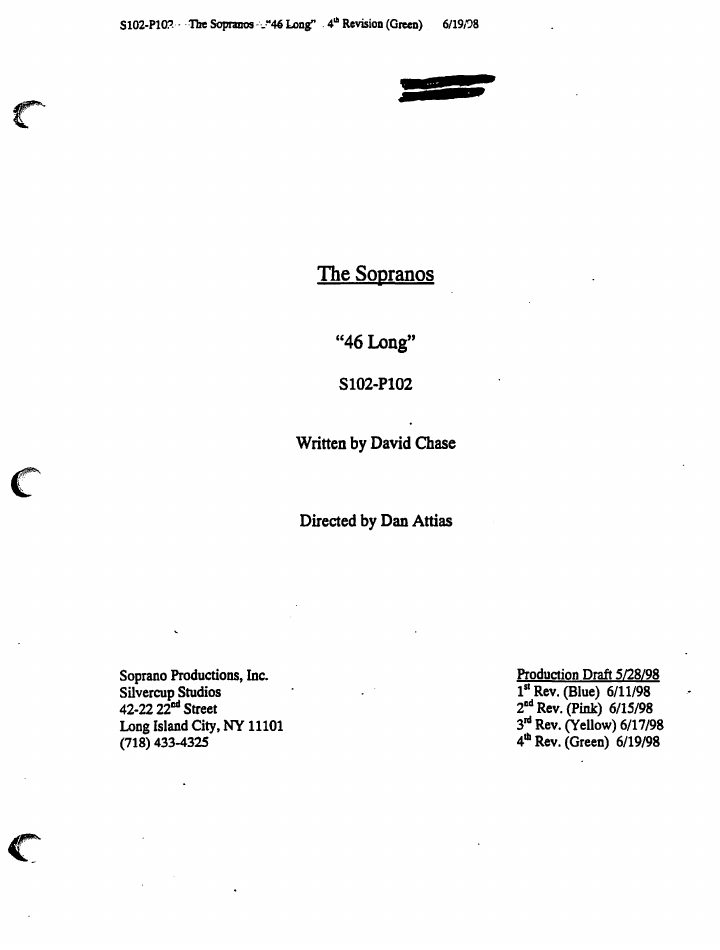 The Sopranos: 102: 46 Long screenplay first page