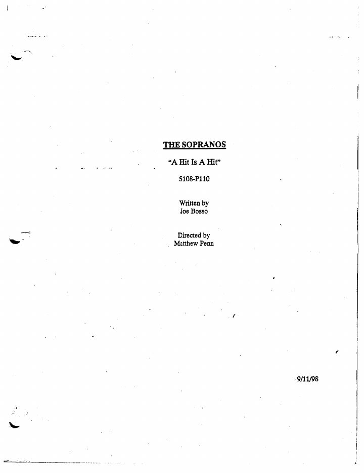 The Sopranos: 110: A Hit is a Hit screenplay first page