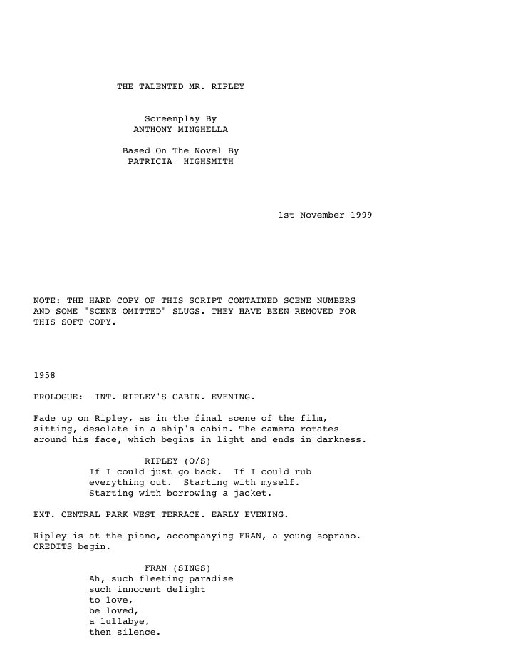 The Talented Mr. Ripley screenplay first page