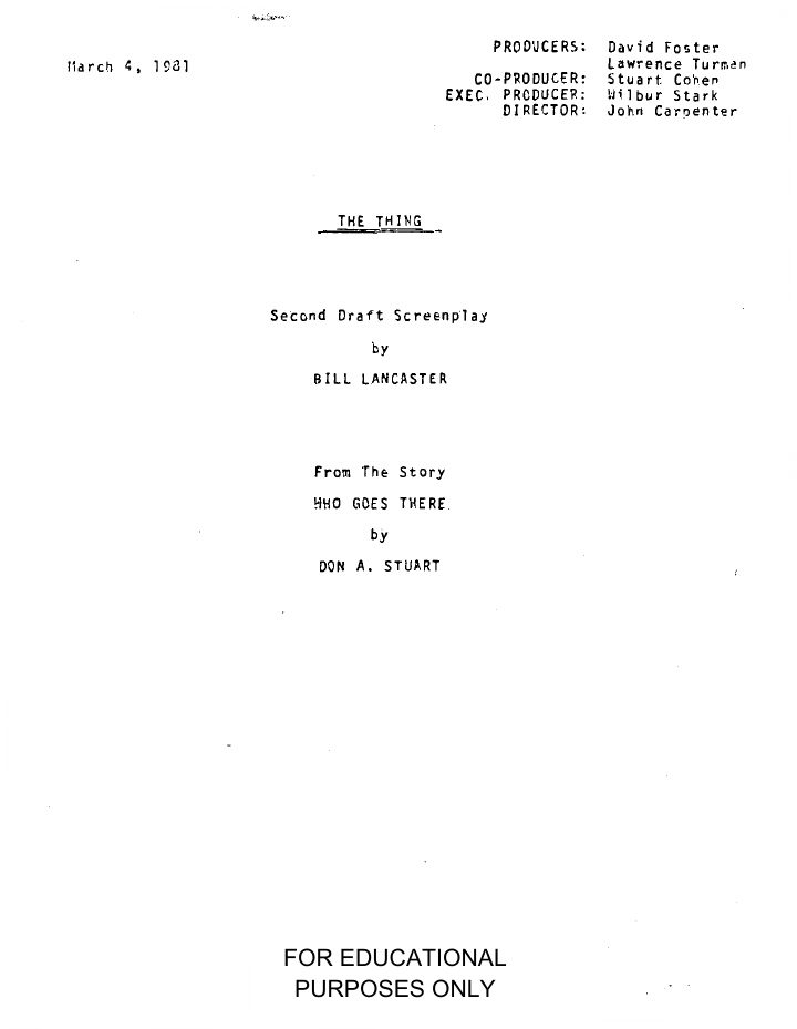 The Thing screenplay first page