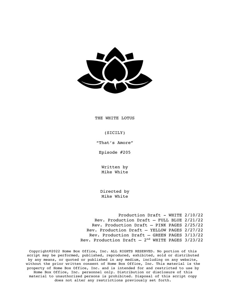 The White Lotus: 205: That's Amore screenplay first page