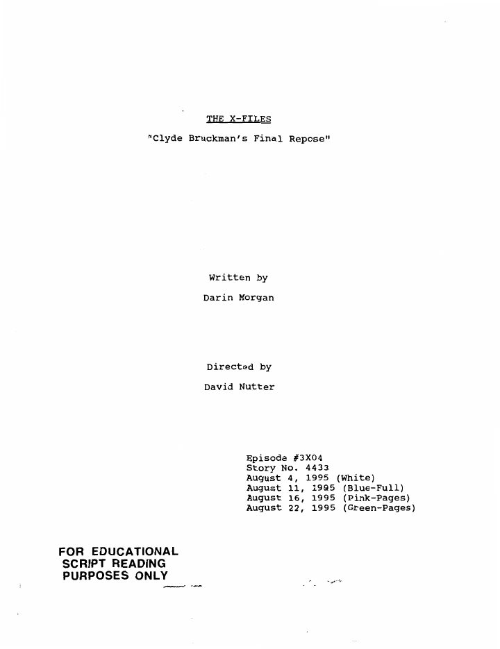The X-Files: 304: Clyde Bruckman's Final Repose screenplay first page