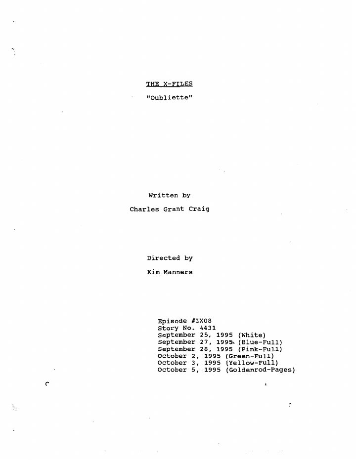 The X-Files: 308: Obliette screenplay first page