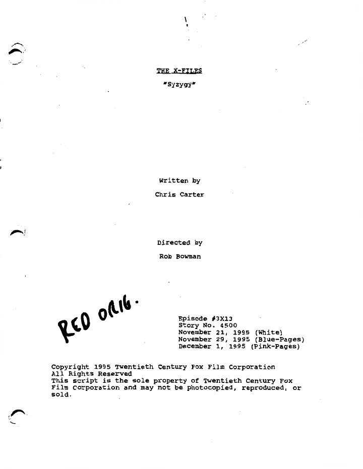 The X-Files: 313: Syzygy screenplay first page