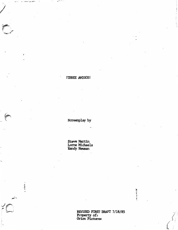 ¡Three Amigos! screenplay first page