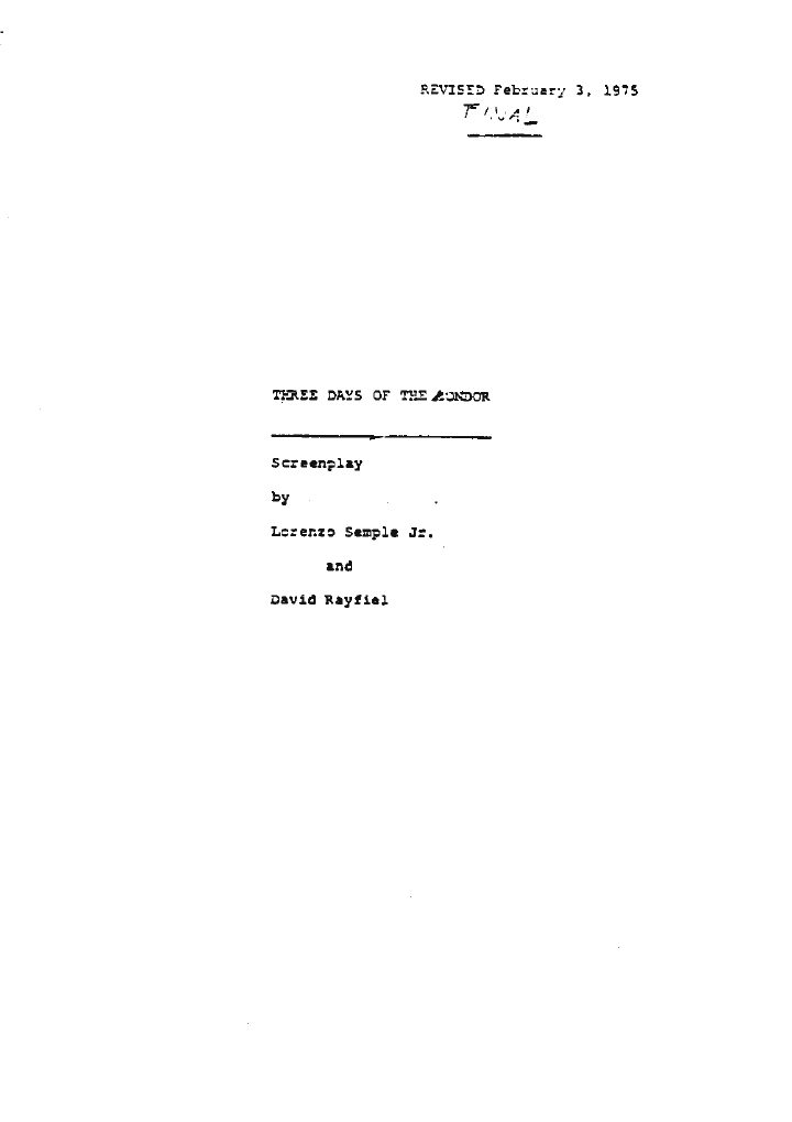 Three Days of the Condor screenplay first page