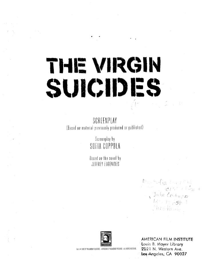 The Virgin Suicides screenplay first page