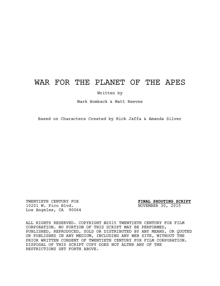War for the Planet of the Apes screenplay first page