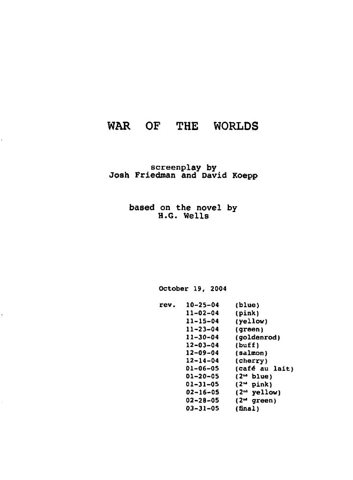 War of the Worlds screenplay first page